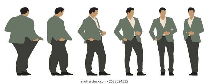 Conceptual fat overweight obese man vs slim fit healthy body after weight loss or diet, white background banner. A  fitness, nutrition or obesity, health care shape illustration vector as silhouettes