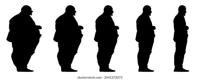 Hombre obeso con sobrepeso de grasa conceptual vs cuerpo sano slim fit después de la pérdida de peso o dieta, Anuncio de fondo blanco. Un Vector de ilustración de forma de fitness, nutrición u obesidad, atención médica como siluetas