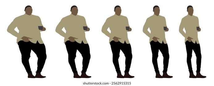 Conceptual fat overweight obese man vs slim fit healthy body after weight loss or diet, white background banner. A  fitness, nutrition or obesity, health care shape illustration vector as silhouettes