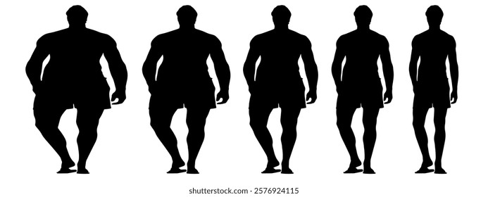 Conceptual fat overweight obese man vs slim fit healthy body after weight loss or diet, white background banner. A  fitness, nutrition or obesity, health care shape illustration vector as silhouettes