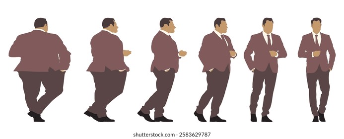 Conceptual fat overweight obese man vs slim fit healthy body after weight loss or diet, white background banner. A  fitness, nutrition or obesity, health care shape illustration vector as silhouettes