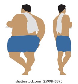 Conceptual fat overweight obese man vs slim fit healthy body after weight loss or diet, white background. A  fitness, nutrition or obesity, health care shape illustration vector as silhouettes