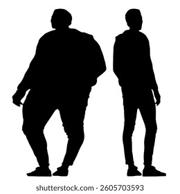Conceptual fat overweight obese man vs slim fit healthy body after weight loss or diet, white background. A  fitness, nutrition or obesity, health care shape illustration vector as silhouettes