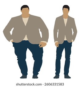 Conceptual fat overweight obese man vs slim fit healthy body after weight loss or diet, white background. A  fitness, nutrition or obesity, health care shape illustration vector as silhouettes