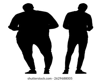 Conceptual fat overweight obese man vs slim fit healthy body after weight loss or diet, white background. A  fitness, nutrition or obesity, health care shape illustration vector as silhouettes