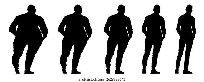 Conceptual fat overweight obese man vs slim fit healthy body after weight loss or diet, white background banner. A  fitness, nutrition or obesity, health care shape illustration vector as silhouettes