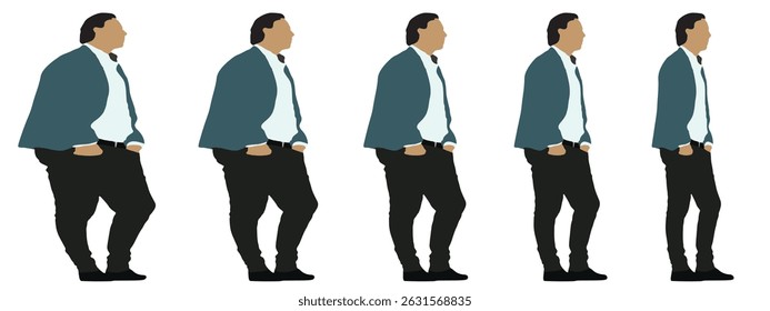 Conceptual fat overweight obese man vs slim fit healthy body after weight loss or diet, white background banner. A  fitness, nutrition or obesity, health care shape illustration vector as silhouettes