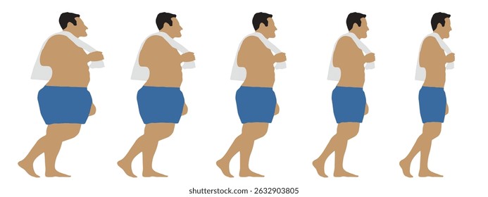 Conceptual fat overweight obese man vs slim fit healthy body after weight loss or diet, white background banner. A  fitness, nutrition or obesity, health care shape illustration vector as silhouettes