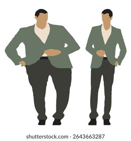 Conceptual fat overweight obese man vs slim fit healthy body after weight loss or diet, white background. A  fitness, nutrition or obesity, health care shape illustration vector as silhouettes
