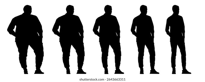 Conceptual fat overweight obese man vs slim fit healthy body after weight loss or diet, white background banner. A  fitness, nutrition or obesity, health care shape illustration vector as silhouettes