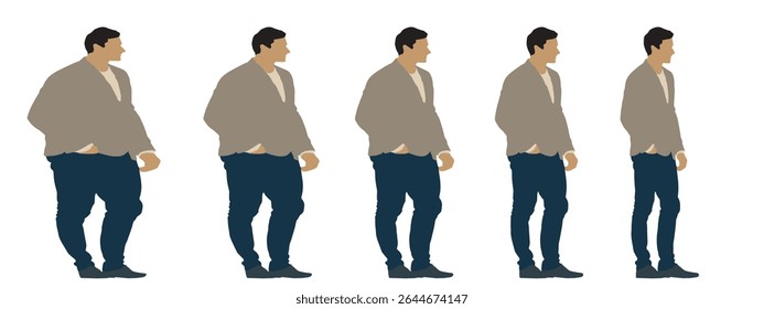 Conceptual fat overweight obese man vs slim fit healthy body after weight loss or diet, white background banner. A  fitness, nutrition or obesity, health care shape illustration vector as silhouettes