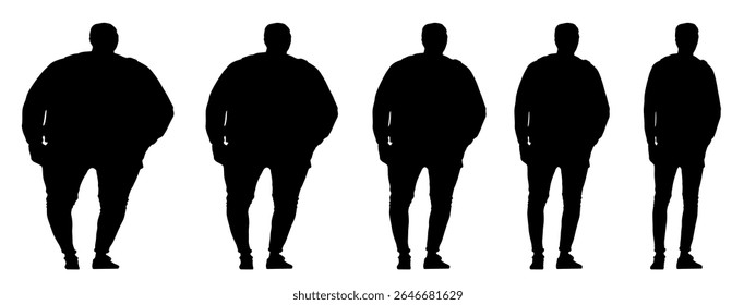 Conceptual fat overweight obese man vs slim fit healthy body after weight loss or diet, white background banner. A  fitness, nutrition or obesity, health care shape illustration vector as silhouettes