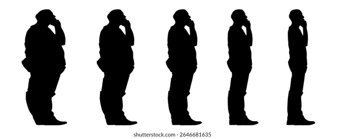 Conceptual fat overweight obese man vs slim fit healthy body after weight loss or diet, white background banner. A  fitness, nutrition or obesity, health care shape illustration vector as silhouettes