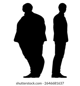 Conceptual fat overweight obese man vs slim fit healthy body after weight loss or diet, white background. A  fitness, nutrition or obesity, health care shape illustration vector as silhouettes