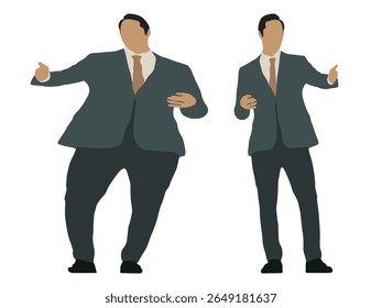 Conceptual fat overweight obese man vs slim fit healthy body after weight loss or diet, white background. A  fitness, nutrition or obesity, health care shape illustration vector as silhouettes