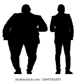Conceptual fat overweight obese man vs slim fit healthy body after weight loss or diet, white background. A  fitness, nutrition or obesity, health care shape illustration vector as silhouettes