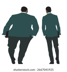 Conceptual fat overweight obese man vs slim fit healthy body after weight loss or diet, white background. A  fitness, nutrition or obesity, health care shape illustration vector as silhouettes