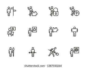 Conceptual figures line icon set. Person, man, clock, spade, gear. Business concept. Can be used for topics like action, role, occupation