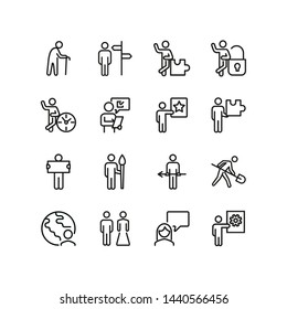 Conceptual figures line icon set. Different action, old man, artist, groom and bride. People concept. Can be used for topics like marketing research, job, occupation, age