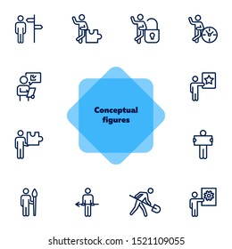 Conceptual figures line icon set. Person, man, clock, spade, gear. Business concept. Can be used for topics like action, role, occupation