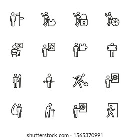 Conceptual figures line icon set. Person, man, clock, spade, gear. Business concept. Can be used for topics like action, role, occupation