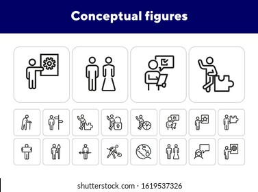 Conceptual figures line icon set. Different action, old man, artist, groom and bride. People concept. Can be used for topics like marketing research, job, occupation, age