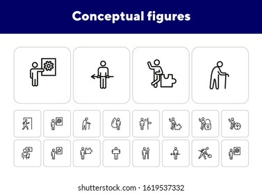 Conceptual figures line icon set. Person, man, clock, spade, gear. Business concept. Can be used for topics like action, role, occupation