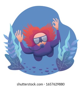 Conceptual flat banner design with noises. Woman in an underwater suit with a mask and scuba diving in the water among the plants. World Ocean and Sea Day. Diver at bottom of sea. Vector illustration