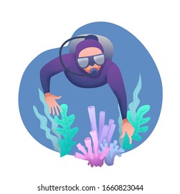 Conceptual flat banner design with noises. Character in an underwater suit with a mask and scuba diving in the water near coral. World Ocean and Sea Day. Diver at bottom of sea. Vector illustration