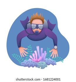 Conceptual flat banner design with noises. Man in an underwater suit with a mask and scuba diving in the water among the plants. World Ocean and Sea Day. Diver at bottom of sea. Vector illustration