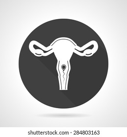 Conceptual flat black round vector icon with white silhouette uterus with spermatozoon on gray background.