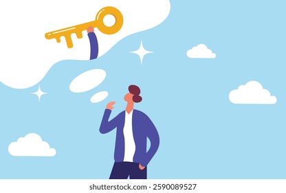 conceptual flat design depicting a person deep in thought with a key symbolizing success. This artwork represents ideas, problem-solving, opportunities, and the journey toward achieving goals. 