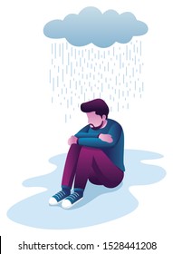 Conceptual flat design illustration for depression, depicting man, sitting on the ground with dark cloud above him.