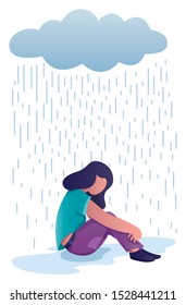 Conceptual flat design illustration for depression, depicting woman, sitting on the ground with dark cloud above her.