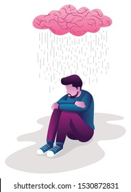 Conceptual flat design illustration for depression, depicting man, sitting on the ground with human brain shaped like rain cloud above him.