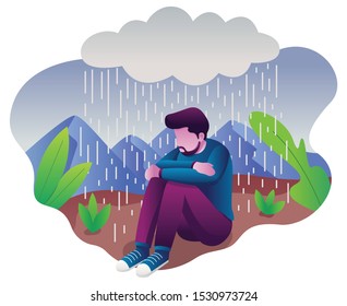 Conceptual flat design illustration for depression, depicting man, sitting on the ground with dark cloud above him.