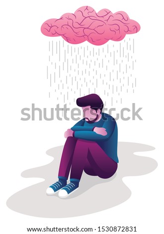 Conceptual flat design illustration for depression, depicting man, sitting on the ground with human brain shaped like rain cloud above him.