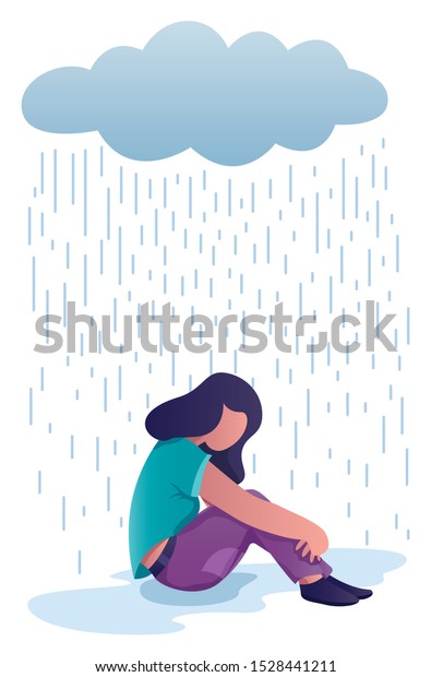 うつ病のコンセプトフラットデザインイラスト 女性を描いたイラストで 地面に暗い雲を持ち 彼女の上に座っています のベクター画像素材 ロイヤリティフリー