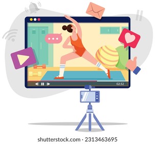 Conceptual flat design illustration with female fitness vlogger, recording a new workout video.