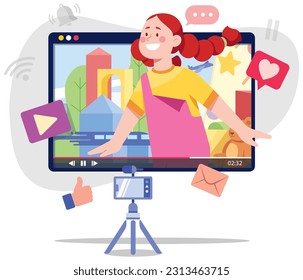 Conceptual flat design illustration with little girl vlogger, recording a new video and receiving positive reactions.