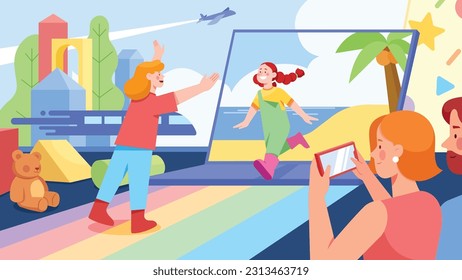 Conceptual flat design illustration with little girl vlogger, recording a new video and receiving positive reactions.