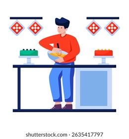 Conceptual flat design illustration of preparing cake