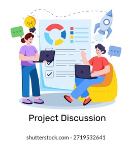 Ilustração do design plano conceitual da discussão de inicialização do projeto