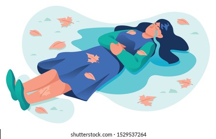 Conceptual flat design illustration for sadness and depression, depicting crying woman lying in a puddle of his own tears.