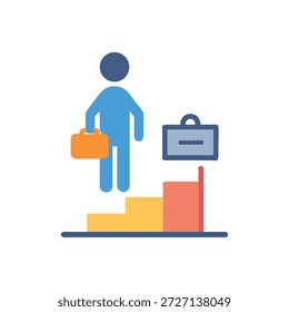 Ilustración de diseño plano conceptual que muestra a un hombre de negocios subiendo escaleras, llevando un maletín, simbolizando el avance profesional y el crecimiento profesional.
