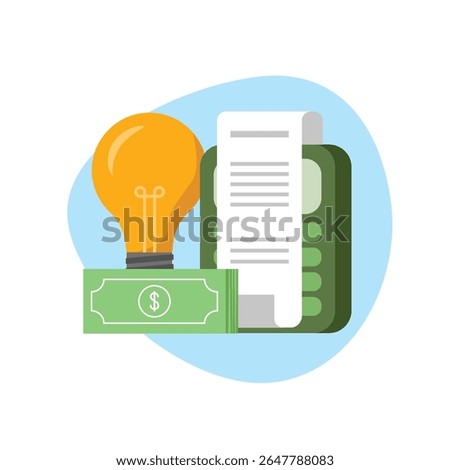 Conceptual flat design illustration shows light bulb, money and calculator, representing cost savings and financial ideas, presented with a clean and modern style for business themes.