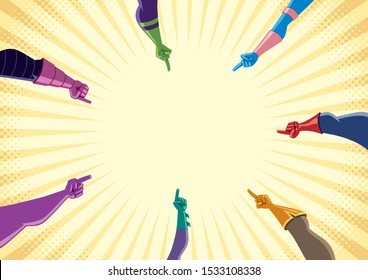 Conceptual flat design illustration with superhero hands pointing to the center of a circle, with copy space for your text or product.