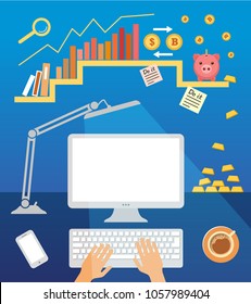 Conceptual flat design of modern home or office workplace, table with computer.  Digital technologies for getting money? management, IT, mining. View from above supplies on the desktop