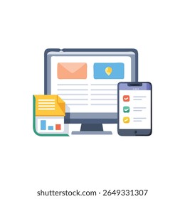 Design plano conceitual mostrando um computador desktop, celular e arquivo para análise de dados e soluções empresariais digitais.