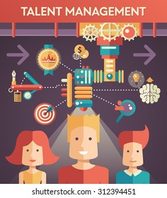 Conceptual Flat Design Vector Illustration Of Business Talent Management With People, Icons And Infographics Elements
